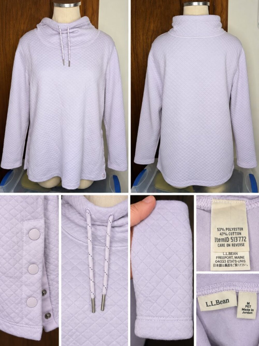L.L.Bean Lavender Quilted Funnel Neck Snap Side Pullover Women's M Petite